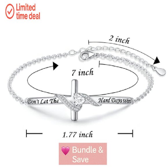 Sterling Silver Faith Over Fear Heart Infinity Cross Cuff Bracelet - Picture 8 of 8